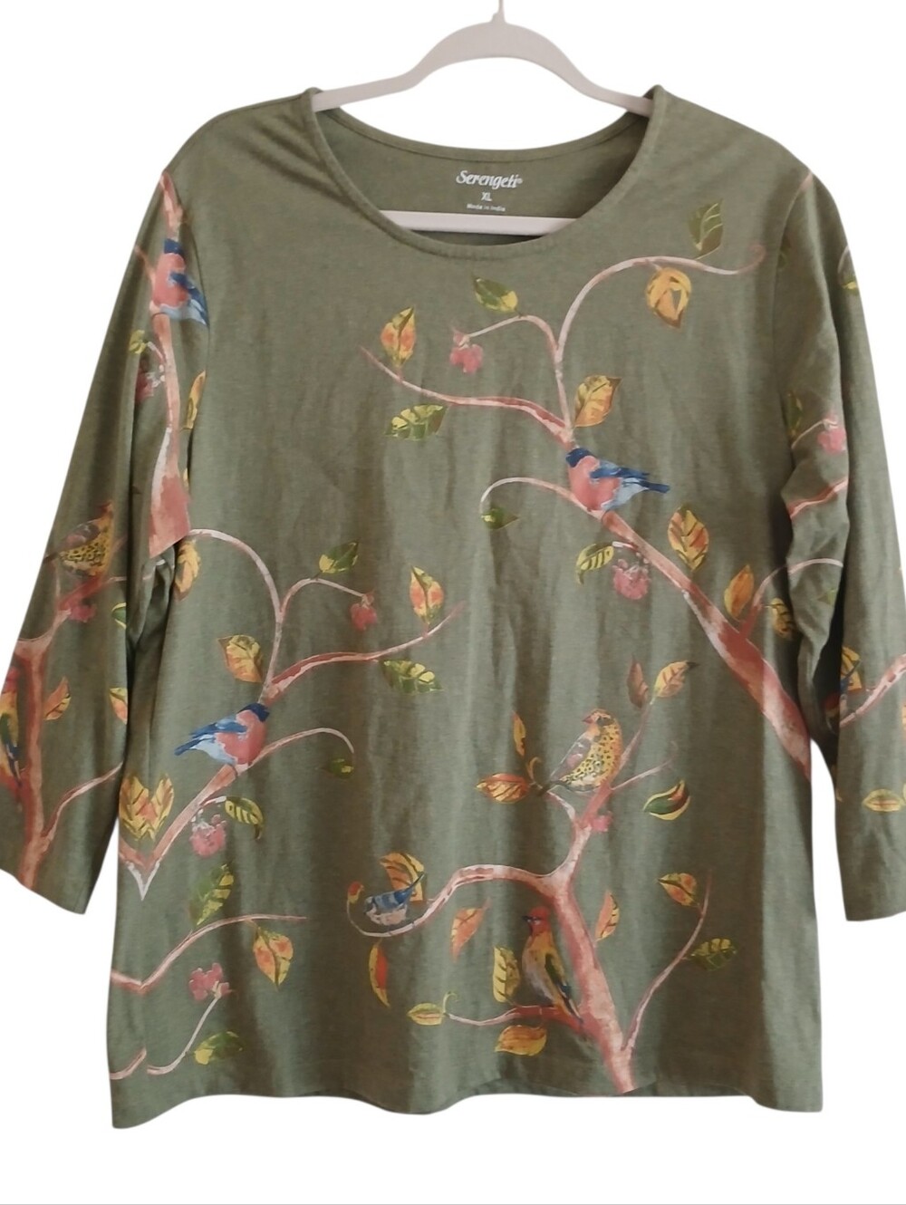Serengeti 100% Cotton Bird Print Top Women's XL Green Branches Finch Nature